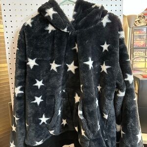 POL-Lg- Women’s Starry Faux fur hoodie -Dark navy blue EUC